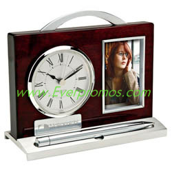 Wood & Aluminum Clock, Pen and Photo Frame